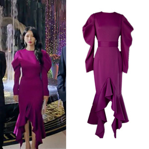 韩剧顶楼千瑞珍金素妍同款紫色荷叶边大码连衣裙主持黑色礼服809