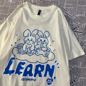 两只吃冰淇淋兔子 美式复古卡通印花短袖t恤男女街头潮牌情侣tee