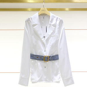 卓雅周末2022春季新款气质通勤ol翻领系带牛仔腰带衬衫ejwcaq30