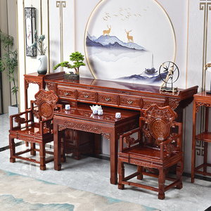 中式实木神台神案家用乡村别墅条案供桌八仙桌复古雕花中堂六件套