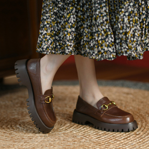 春季新款真皮厚款乐福鞋女一脚蹬2022新款松糕底英伦棕色复古单鞋