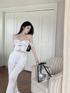 醋酸丝绸缎面套装女夏气质韩版高级感蝴蝶结白色吊带阔腿裤两件套