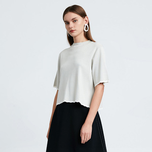 ise素色毛衣女 经典浅米色气质圆领五分袖休闲上衣女装