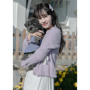 喵宁酱  2022春夏新款么宁文艺甜美紫色针织开衫女盐系慵懒风纯色