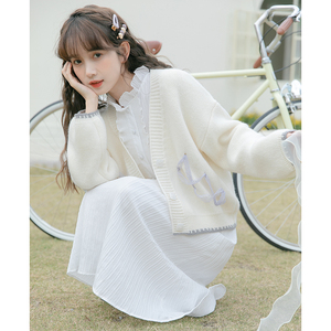 喵宁酱  2022春夏新款么宁文艺甜美蕾丝系带针织开衫女学生慵懒风