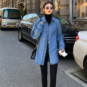 韩版bf蓝色牛仔衬衫女2021春秋新款宽松内搭上衣长袖百搭叠穿衬衣