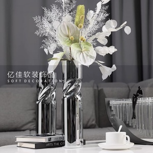 现代简约欧式圆柱夹扁造型玻璃花瓶花器摆件样板房售楼处软装饰品