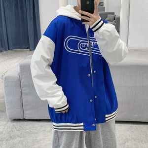 克莱因蓝棒球服男春秋季设计感蓝白撞色vintage夹克美式kanye外套