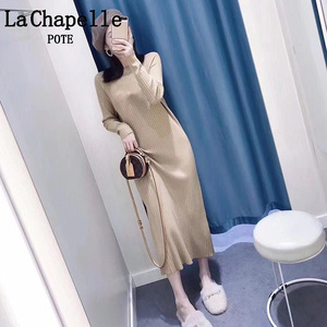 拉夏贝尔pote2020新款针织休闲套头圆领裙子女秋季中长款连衣裙