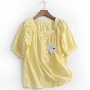 A613纯色单排扣方领灯笼袖上衣夏季新款韩版百搭短袖女式衬衫