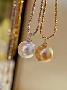 天然珍珠吊坠白色南洋金珠浓金色18K项链镶嵌白金钻石2分12-13mm