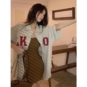 kumikumi复古短袖衬衫女美式字母印花衬衣外套夏季宽松开衫上衣潮