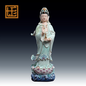 七珍彩绘立荷观音菩萨天青衣陶瓷佛像18吋观世音摆件居家家用供奉