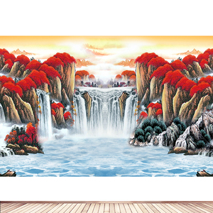 国画山水客厅招财装饰办公室风水靠山挂画鸿运当头聚宝盆壁画自粘