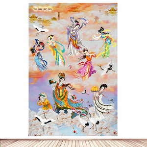 七仙女神像竖版的装饰画佛堂壁画仙女下凡海报自粘中堂道场挂画