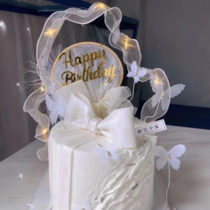 网红发光丝带蛋糕装饰带灯白色飘带蝴蝶仙气生日派对羽毛网纱插件