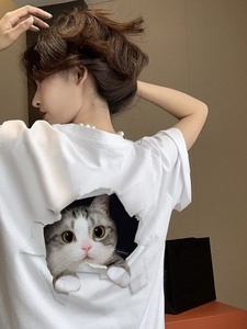 2024新款纯棉短袖可爱猫咪t恤女设计感小众美式复古宽松上衣半袖