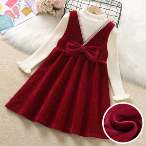 女童加绒连衣裙冬季洋气红色背心裙套装儿童丝绒裙子新年装拜年服
