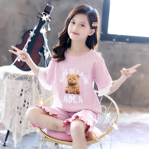 小熊睡衣女童夏款短袖纯棉薄款中大童十一岁女孩可爱家居服小学生