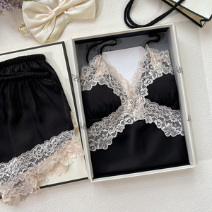 黑色性感蕾丝吊带睡衣带胸垫冰丝夏季2件套装女款送闺蜜生日礼物