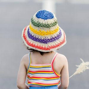 彩虹拼色儿童草帽夏季出游宝宝沙滩帽子薄款防晒男女童太阳公主帽