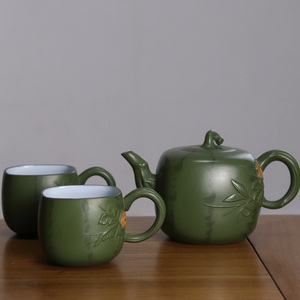 台湾三希堂 绿泥紫砂壶组 一壶两杯 方形西瓜壶 台湾茶具套组