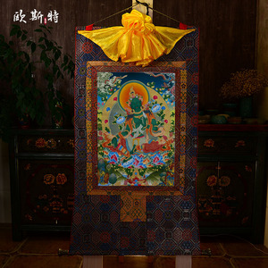 尼泊尔棉布装裱唐卡画西藏矿物颜料玄关装饰画绿度母唐卡客厅挂画