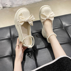 法式玛丽珍鞋女2024年新款夏季珍珠蝴蝶结白色配裙子单鞋jk小皮鞋