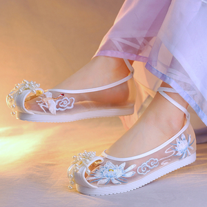 夏季汉服鞋子女平底改良古风凉鞋中国风镂空网纱学生演出绣花布鞋