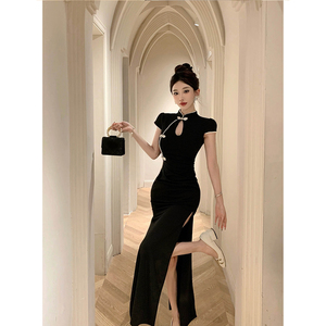 旗袍改良年轻款少女新中式复古显瘦气质性感包臀裙开叉黑色连衣裙