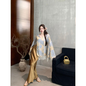 新中式女装国风套装春季法式复古蕾丝上衣缎面鱼尾半身裙子两件套