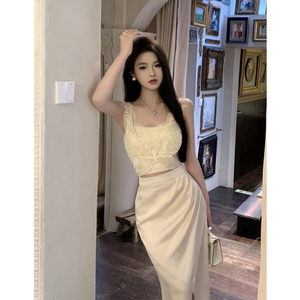韩版气质名媛时尚套装女蕾丝蝴蝶吊带背心绸缎不规则半身裙套装女