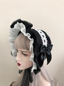 原创洛丽塔波奈特头饰lolita黑色bnt帽子baby睡帽木耳边帽茶会帽