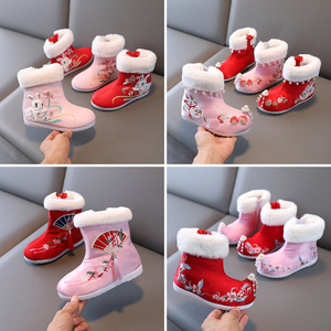 汉服女童鞋子老北京纯手工绣花古代编织加绒加厚公主靴子冬季新款