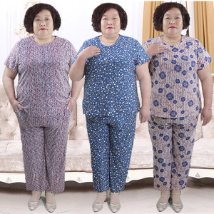 胖老太太加肥加大码夏装短袖套装200-250斤胖奶奶弹力衣服两件套
