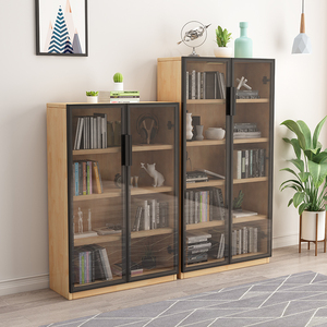 现代简约书柜全实木玻璃门储物柜北欧落地收纳柜轻奢玻璃柜门灰玻