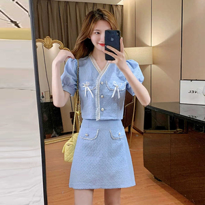 轻熟风港味小香风套装2022新款夏装高腰a字裙蓝色短裙时尚两件套