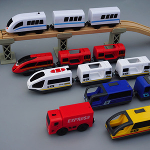 电动小火车动车集装箱高铁蓝色白色黄色红色拼装木制轨道男孩玩具
