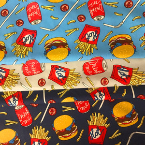 涂鸦汉堡薯条可乐印花帆布diy手工面料布包背包抱枕窗帘桌布坐垫