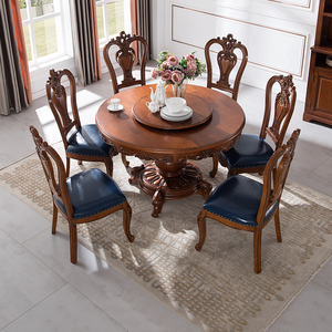 美式全实木圆餐桌1.5米带转盘食桌欧式家用餐厅6/8人吃饭桌椅组合