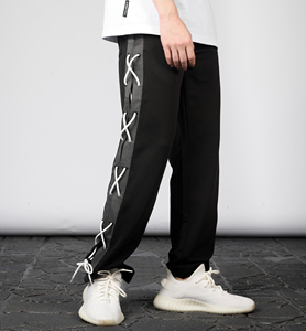 夏秋季搭配yeezy350的裤子美式高街交叉绑绳宽松黑色直筒休闲裤男