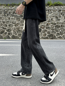 黑灰色复古牛仔裤男款夏季抽绳宽松直筒美式高街男生薄款阔腿裤子