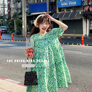 ANIKA阿尼卡品牌童装2024夏新款女童中大童绿色小碎花连衣裙韩国