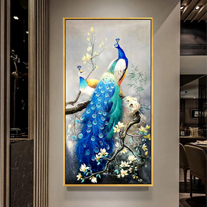 纯手工油画新中式玄关装饰画走廊过道入户竖版壁画孔雀图风水挂画