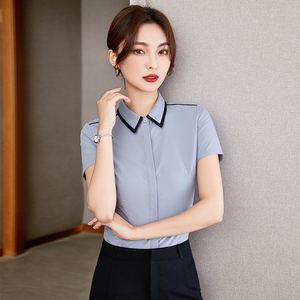 衬衫女夏季薄款短袖女士方领上衣公务员面试职业装销售工作服正装