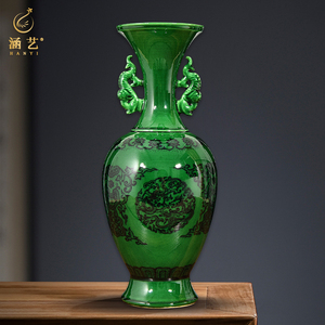 景德镇陶瓷器仿古双耳翡翠绿花瓶摆件中式客厅电视柜博古架工艺品