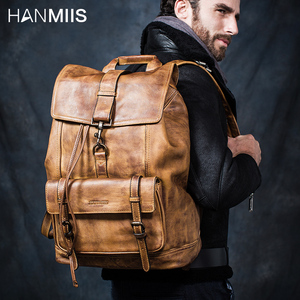 HANMIIS新款头层牛皮 大容量双肩包旅行袋包全真皮男士背包书包