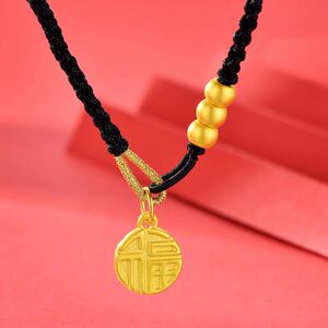 老凤祥和黄金福牌项链足金999福字吊坠女转运珠编织绳手链手串