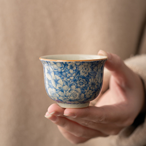 汝窑繁花茶杯家用陶瓷主人杯青花单杯个人专用高档茶具品茗杯茶盏