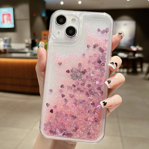闪粉iphone14pro max手机壳高级适用新款液体爱心流沙苹果13/12女